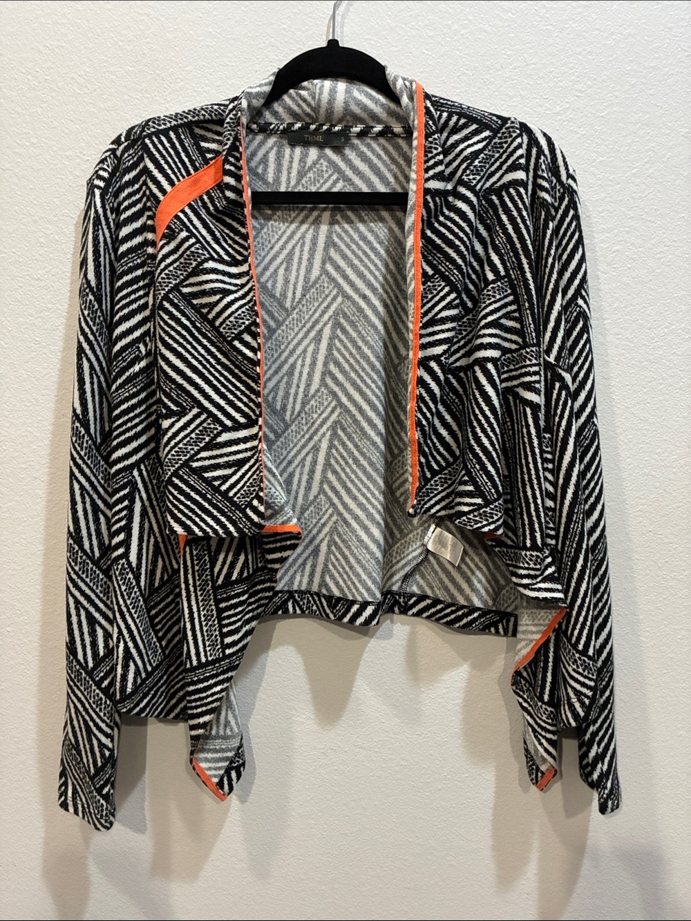 THML Black & White Geometric Open-Front Cardigan with Orange Trim